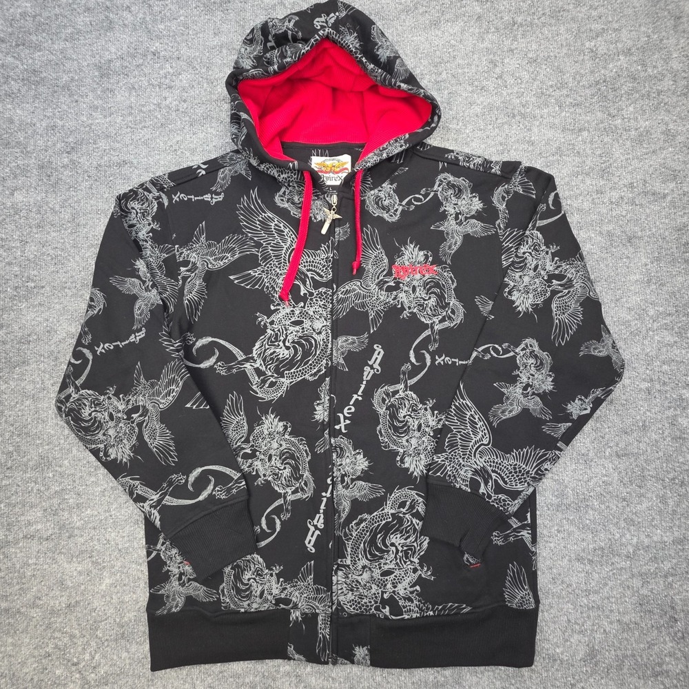 Vintage Avirex Hoodie Mens Y2K Thermal Hood Grunge All Over Print Dragon Large